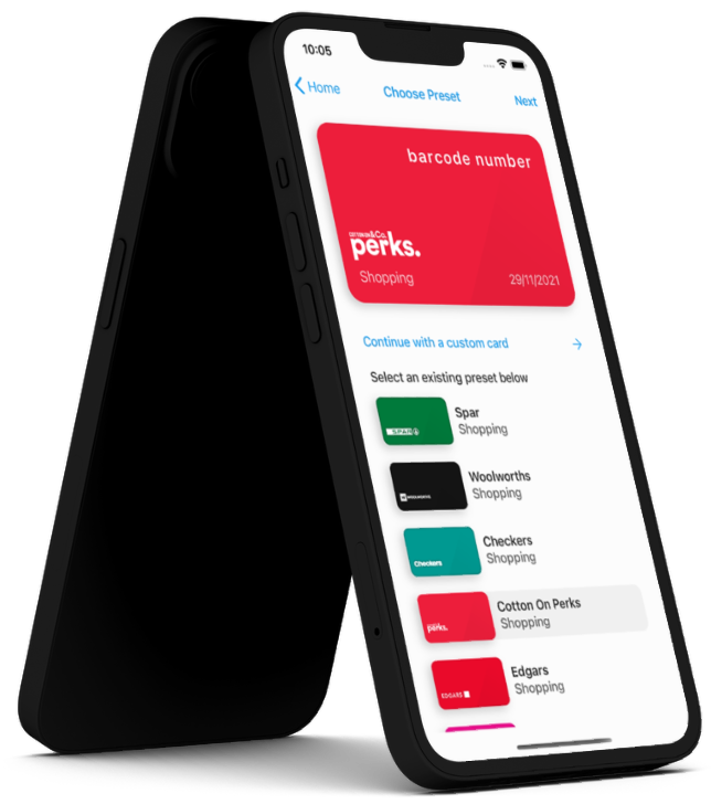Two phones, one showing DigiWallet's list of loyalty card presets.